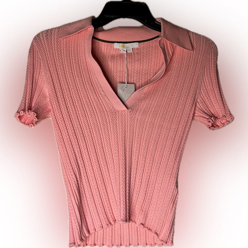 Boden Pink Ribbed Cuffed Sleeve Blouse